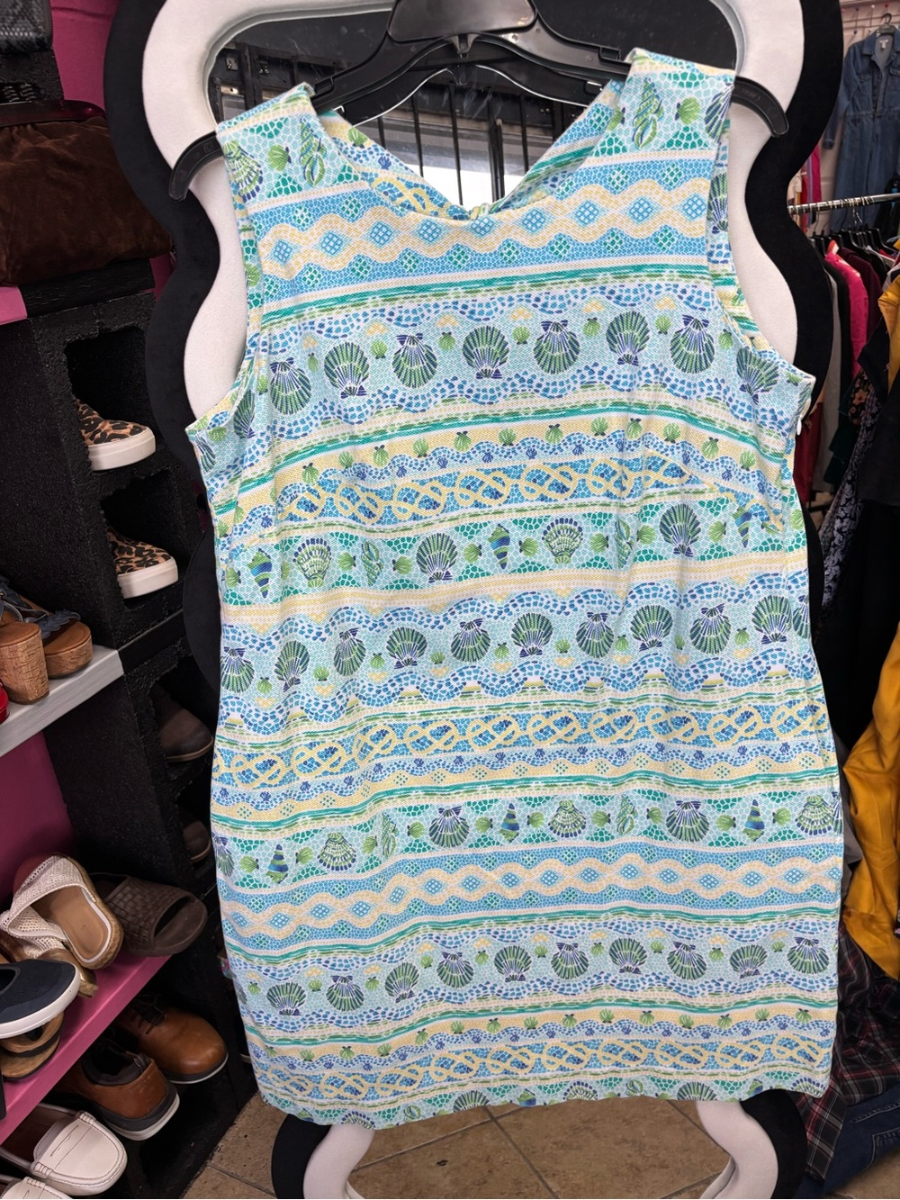 Talbots Seafoam and Blue Printed Sleeveless Shift Dress
